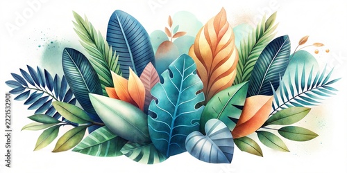 Colorful Tropical Plant Arrangement with a Dreamy Watercolor Backdrop and Detailed Veining