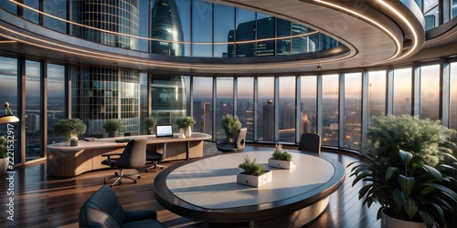 Modern Circular Office with Panoramic City View at Sunset and Elegant Wood Furnishings