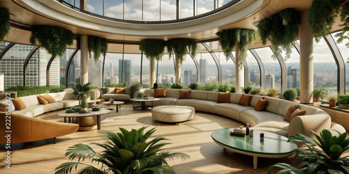 Expansive Modern Lounge with Biophilic Design and Panoramic Windows Overlooking a Cityscape