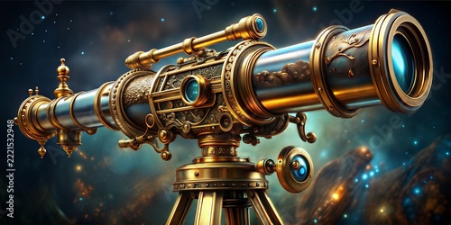 An ornate steampunk telescope on a tripod with a brass and silver body and a glass section filled with small stones