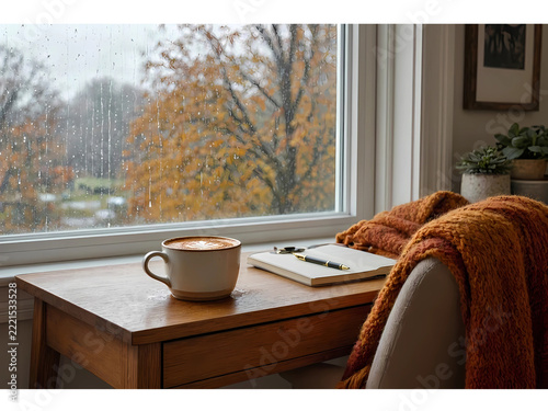 Cozy autumn morning with a cup of hot coffee and a notebook by the window on a rainy day