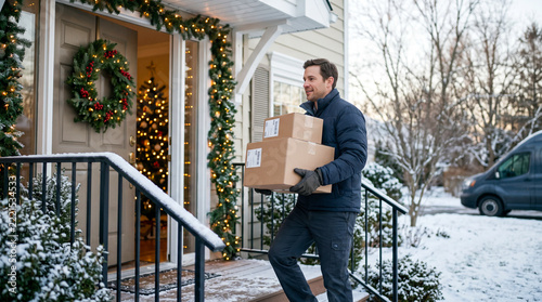Repartidor entregando paquetes en una vivienda decorada por Navidad, una imagen comercial para logística, comercio electrónico y compras festivas.