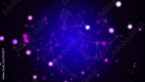 Glowing purple and magenta particles connected by thin lines form an abstract network against a dark background.
