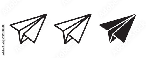 Set of three black paper plane icons in outline and solid styles for message and travel projects.