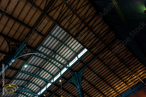 View up from the large hall, the steel frame of a large curved roof