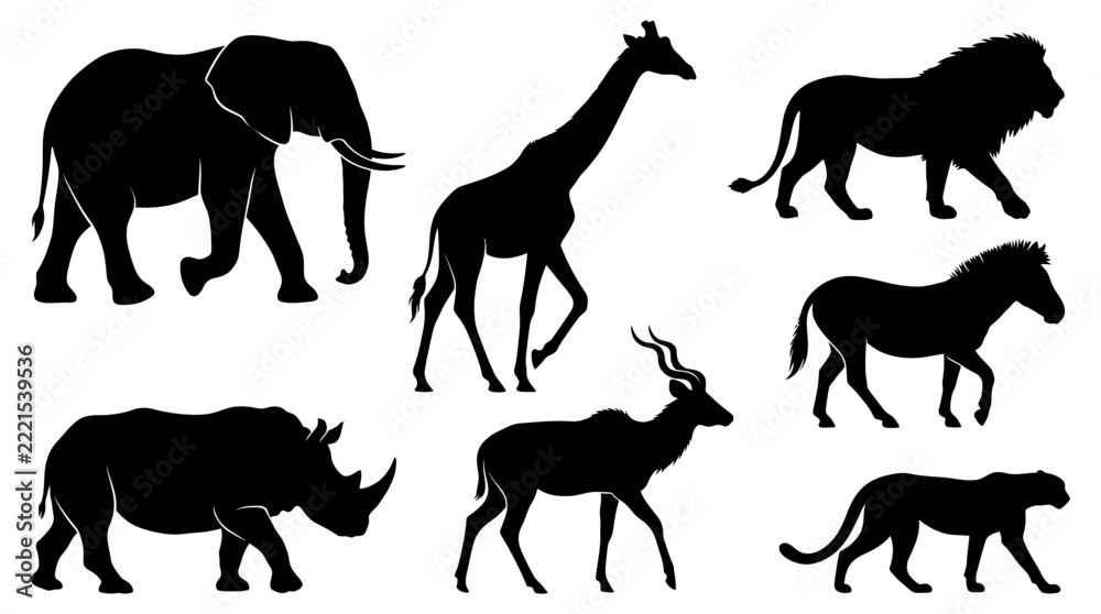 Naklejka premium Wild animals silhouettes showcase a collection of diverse species in profile for graphic use.