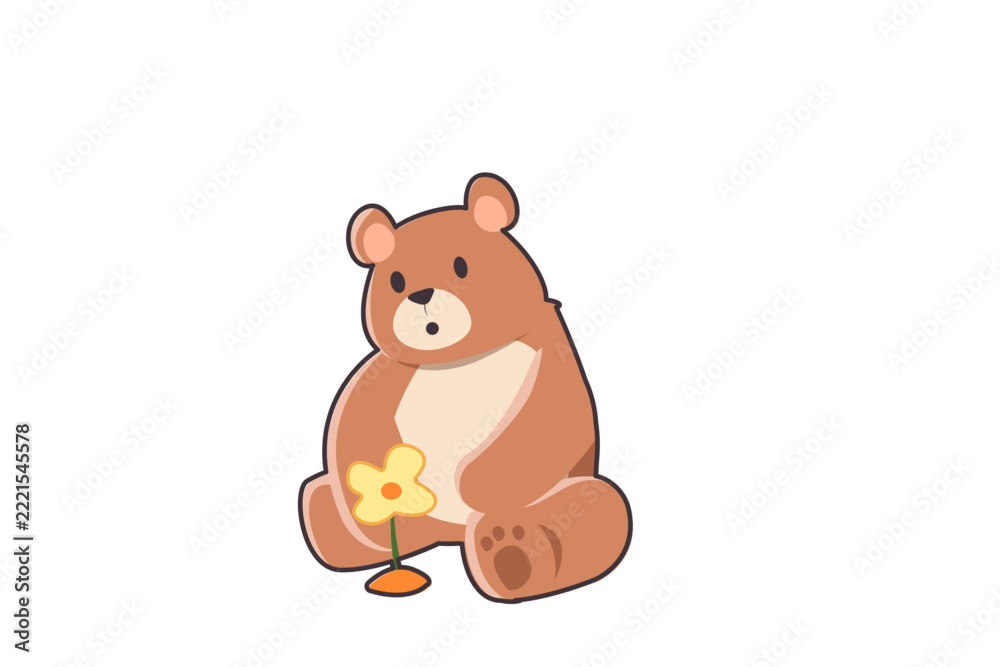 Fototapeta premium Cute brown honey bear cartoon character sitting with a flower, flat vector illustration isolated on white