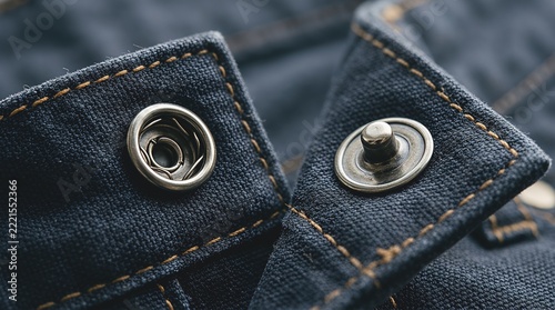 Metal snap button closure on dark blue denim fabric.