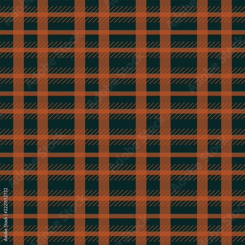 Orange and teal plaid pattern creates a repeating textile design, simple vector illustration in a flat style.