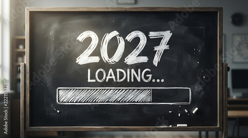 Futuristic 3D Happy New Year 2027 Celebration with Neon Light and Digital Countdown