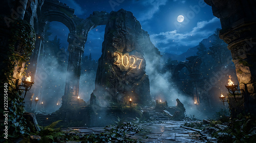 Futuristic 3D Happy New Year 2027 Celebration with Neon Light and Digital Countdown