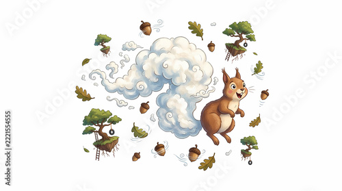 Squirrel jumping with acorns and floating trees