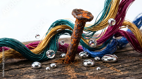 Rusty Nail Surrounded by Colorful Threads and Water Droplets