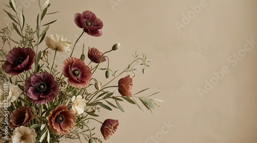Anemone flower bouquet with burgundy and white blooms on beige background, elegant botanical illustration with copy space