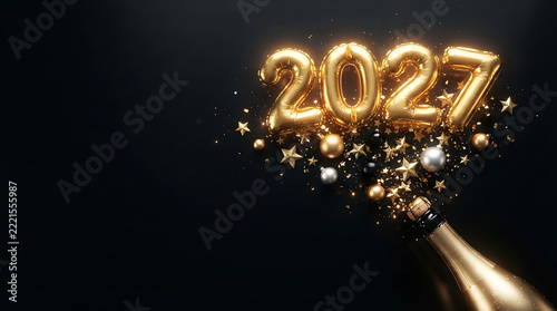 Futuristic 3D Happy New Year 2027 Celebration with Neon Light and Digital Countdown