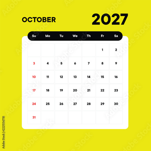October 2027 Calendar Template, Minimalist Monthly Planner