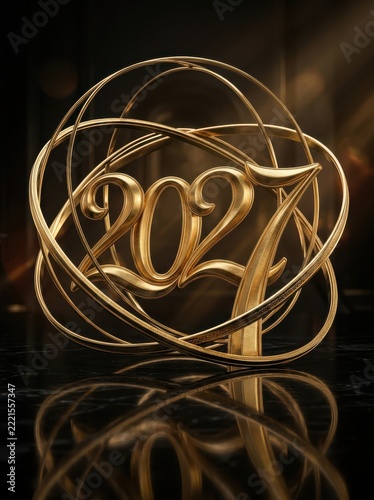 Shiny gold 2027 numbers with abstract circular rings