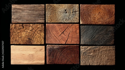 Collection of various wooden textures in square arrangement showcasing natural patterns and colors
