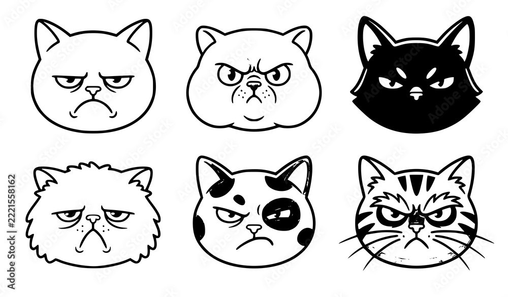 Fototapeta premium Grumpy Cat Faces Vector Set with Frowning Muzzles and Funny Angry Expressions