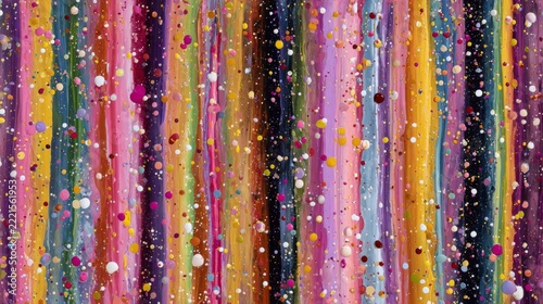 Vibrant abstract artwork featuring colorful vertical stripes with splashes and dots creating a joyful and uplifting atmosphere