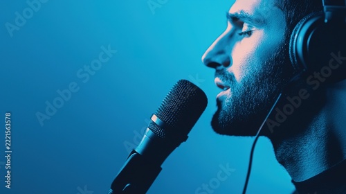 Close up of a male singer in headphones performing with a microphone against a blue background