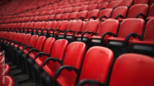 Red plastic stadium seats arranged in rows create a striking visual pattern in an empty sports arena during an event