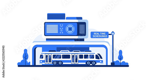 Modern Smart City Bus Station Illustration with Real-Time Scheduling and Digital Display