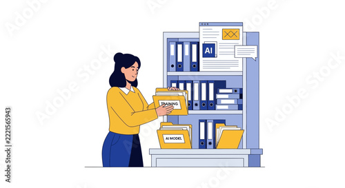 Woman Organizing AI Model and Training Data Folders in Office Archive, Machine Learning Data Management Concept Flat Vector Illustration