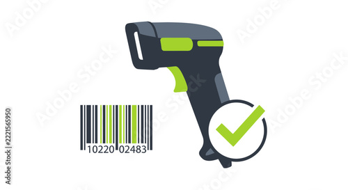 Handheld Barcode Scanner with Green Checkmark and Barcode Illustration for Retail, Inventory, and Logistics Management Concepts