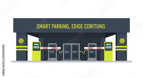 Automated Smart Parking Management System Illustration with Edge Computing Data Servers and Barrier Gates for Smart City Infrastructure