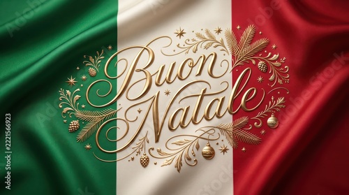 Italian luxury Christmas greeting with antique-gold calligraphy across a tricolor silk flag