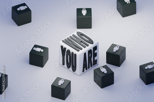 WHO YOU ARE. Simple text slogan. 3d render.