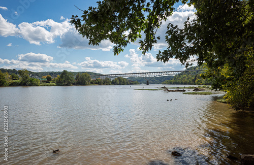 Homestead Grays Bridge crossing Monongahela River beneath open skies in Pittsburgh