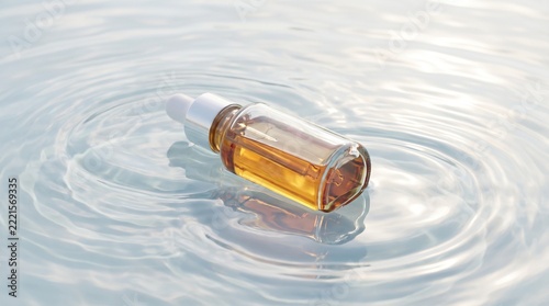 A glass dropper bottle with golden cosmetic oil floating on clear rippled water surface.