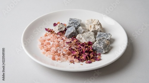 A white plate containing pink Himalayan salt, dried rose petals, and rough grey stones.