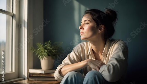 Thoughtful Woman Sitting By Window Looking Outside In Warm Sunlight, Peaceful Moment Of Reflection