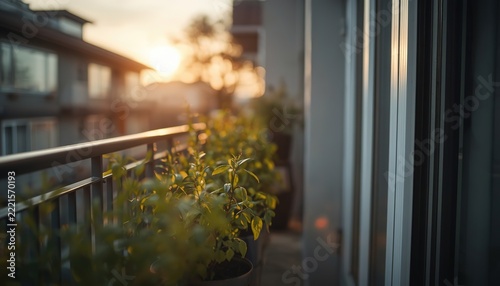 Peaceful Morning Light on an Apartment Balcony with Potted Herbs and Sunrise