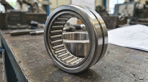 Heavy duty steel needle roller bearing on industrial workshop workbench.