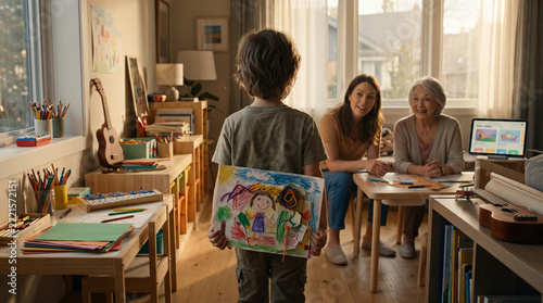Child Presenting Artwork to Family in Cozy Home Setting