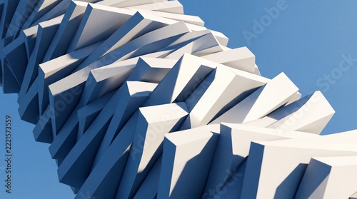 Abstract minimalist 3D rendering of a spiral white geometric tower against a clear blue sky, illustrating modern architectural concepts, clean structured design, and futuristic urban sculpture.