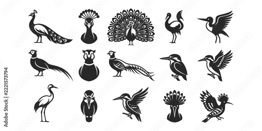 Fototapeta premium Collection of decorative bird silhouettes and ornamental avian icons for design projects and creative graphic art