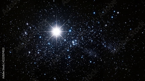 A Stunning View of a Brilliant Central White Star Shining Brightly Amidst a Dense Cluster of Blue and White Stars in the Deep Vastness of Outer Space Galaxy and Nebula Background for Astronomy