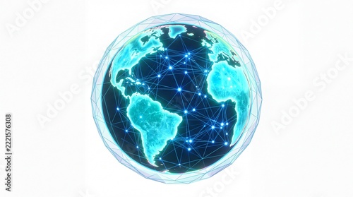 Futuristic 3D digital globe showing global network connections with glowing dots and lines on a white background, representing international communication, technology, and digital data exchange.