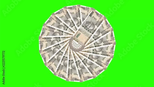 Indian currency banknotes spinning in circle on green screen background