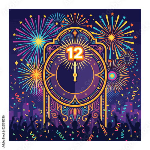 Elegant New Year countdown clock with golden numbers, sparkling fireworks, festive decorations, midnight celebration.