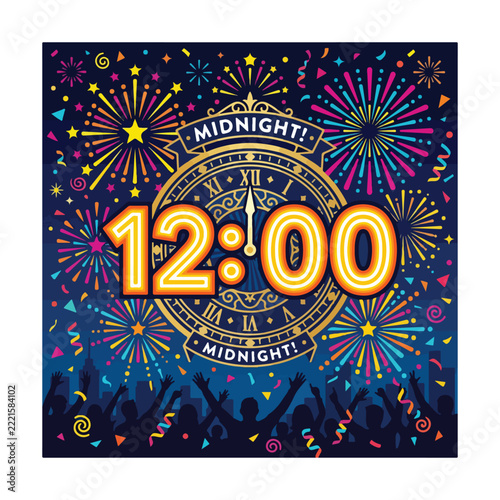 Elegant New Year countdown clock with golden numbers, sparkling fireworks, festive decorations, midnight celebration.