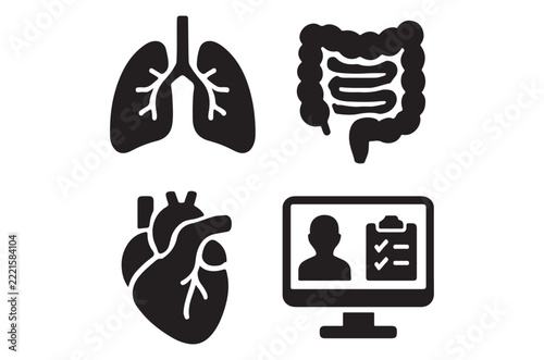 human organs icons set lungs heart intestines and medical monitor