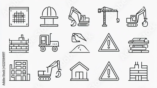 Construction machinery line icons set with excavator, crane, dump truck and warning sign, black outline