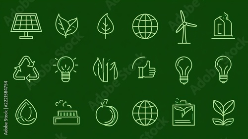 Green chalkboard style eco icons with globe, wind turbine, leaf, lightbulb and thumbs up, sustainability concept
