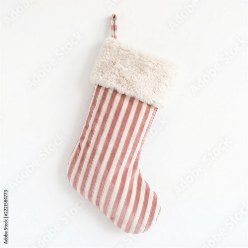 Christmas stocking with pink velvet stripes and faux fur cuff